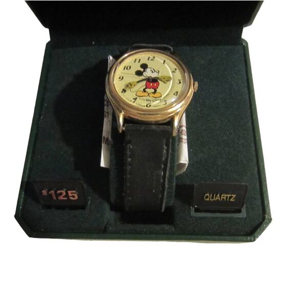 Vintage Disney Mickey Mouse Quartz Wrist Watch Black Leather Band Collectible - Picture 1 of 14